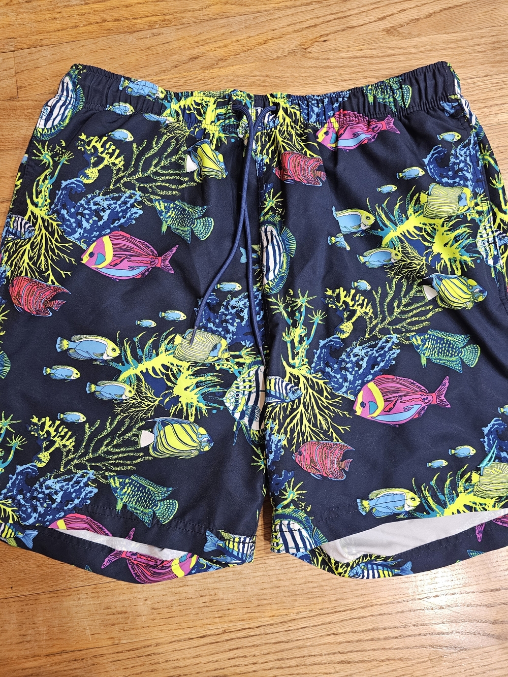 Nautica Black Swim Trunks with Neon Coral Fish Print